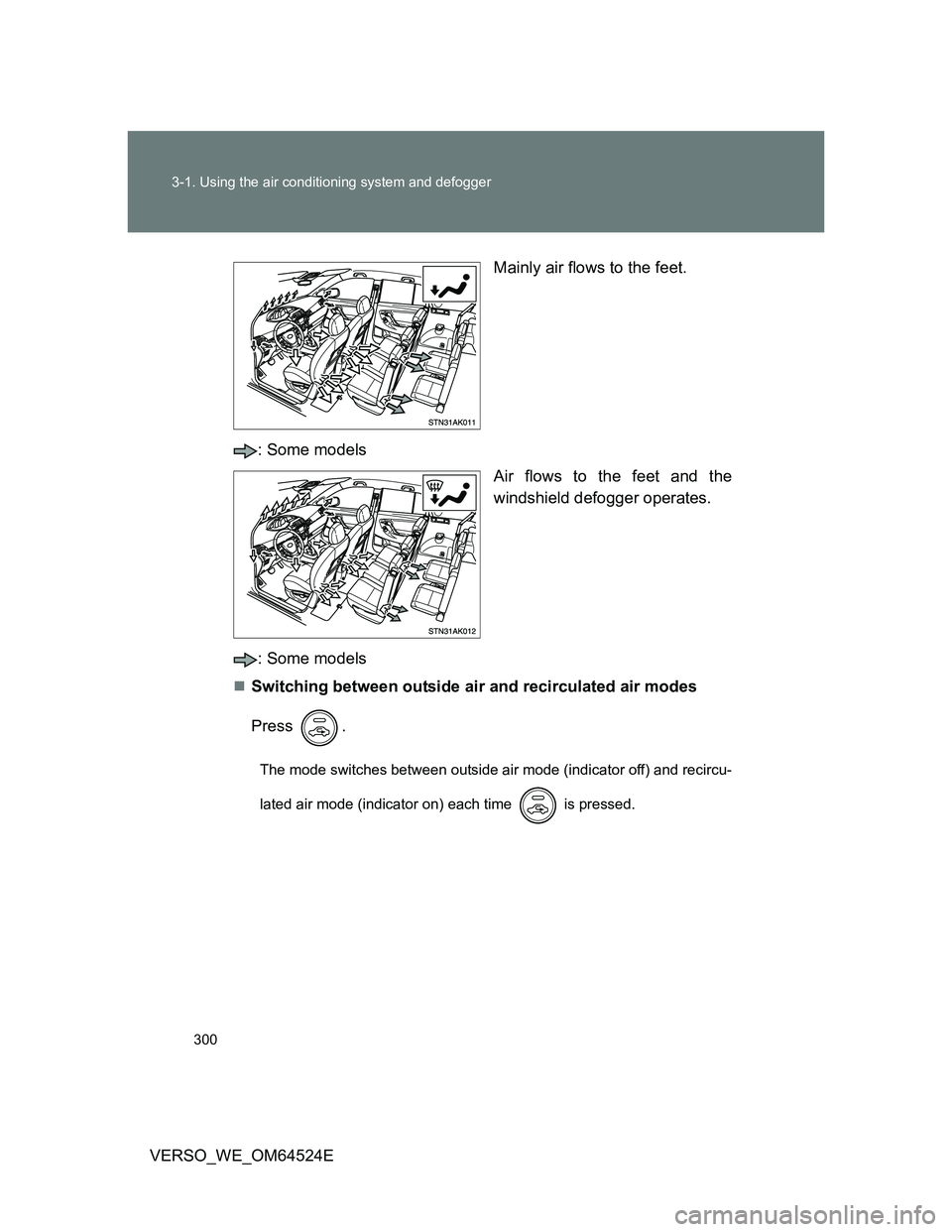 TOYOTA VERSO 2012  Owners Manual 300 3-1. Using the air conditioning system and defogger
VERSO_WE_OM64524EMainly air flows to the feet.
: Some models
Air flows to the feet and the
windshield defogger operates.
: Some models
Switch