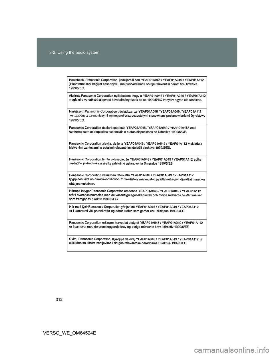 TOYOTA VERSO 2012  Owners Manual 312 3-2. Using the audio system
VERSO_WE_OM64524E 