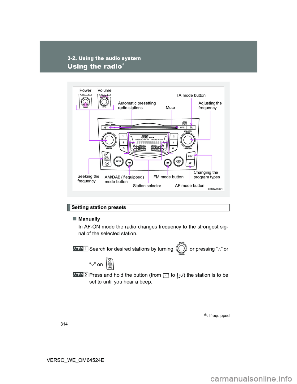 TOYOTA VERSO 2012  Owners Manual 314
3-2. Using the audio system
VERSO_WE_OM64524E
Using the radio
Setting station presets
Manually
In AF-ON mode the radio changes frequency to the strongest sig-
nal of the selected station.
Se