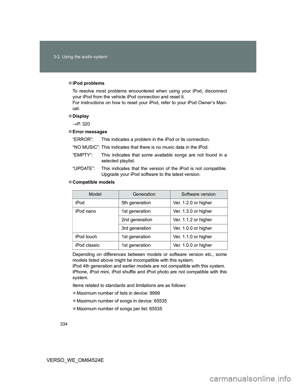 TOYOTA VERSO 2012 Owners Manual 334 3-2. Using the audio system
VERSO_WE_OM64524E
iPod problems
To resolve most problems encountered when using your iPod, disconnect
your iPod from the vehicle iPod connection and reset it.
For i TOYOTA VERSO 2012 Owners Manual 334 3-2. Using the audio system
VERSO_WE_OM64524E
iPod problems
To resolve most problems encountered when using your iPod, disconnect
your iPod from the vehicle iPod connection and reset it.
For i