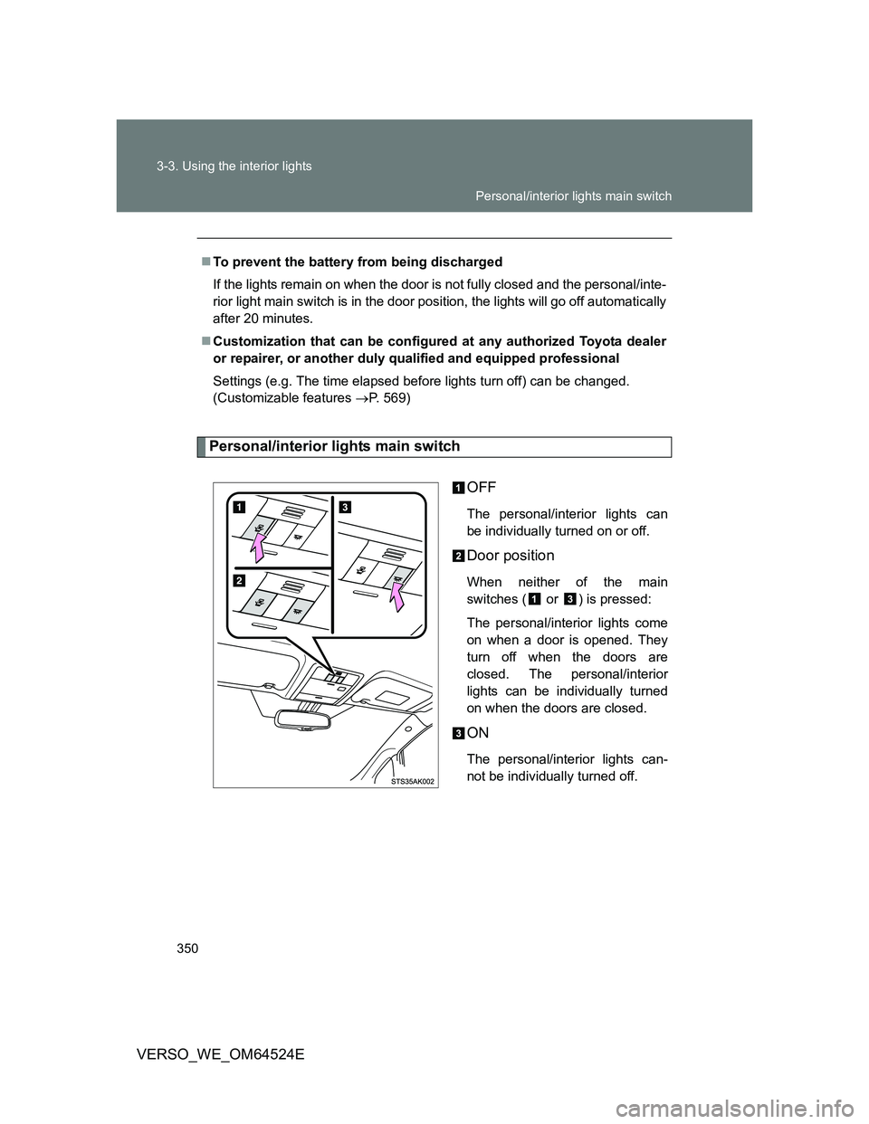 TOYOTA VERSO 2012 Owners Manual 350 3-3. Using the interior lights
VERSO_WE_OM64524E
Personal/interior lights main switch
OFF
The personal/interior lights can
be individually turned on or off.
Door position
When neither of the main
TOYOTA VERSO 2012 Owners Manual 350 3-3. Using the interior lights
VERSO_WE_OM64524E
Personal/interior lights main switch
OFF
The personal/interior lights can
be individually turned on or off.
Door position
When neither of the main