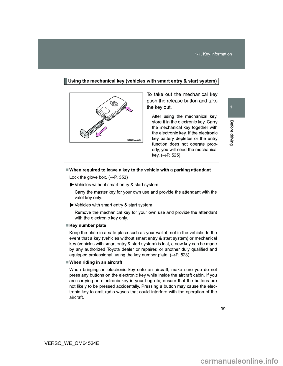 TOYOTA VERSO 2012 Owners Guide 39 1-1. Key information
1
Before driving
VERSO_WE_OM64524E
Using the mechanical key (vehicles with smart entry & start system)
To take out the mechanical key
push the release button and take
the key o