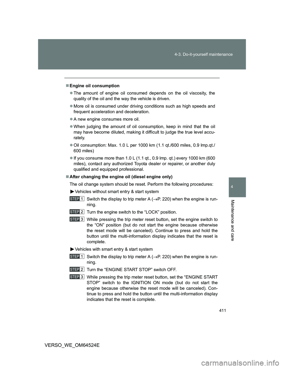 TOYOTA VERSO 2012 Owners Manual 411 4-3. Do-it-yourself maintenance
4
Maintenance and care
VERSO_WE_OM64524E
Engine oil consumption
The amount of engine oil consumed depends on the oil viscosity, the
quality of the oil and the TOYOTA VERSO 2012 Owners Manual 411 4-3. Do-it-yourself maintenance
4
Maintenance and care
VERSO_WE_OM64524E
Engine oil consumption
The amount of engine oil consumed depends on the oil viscosity, the
quality of the oil and the