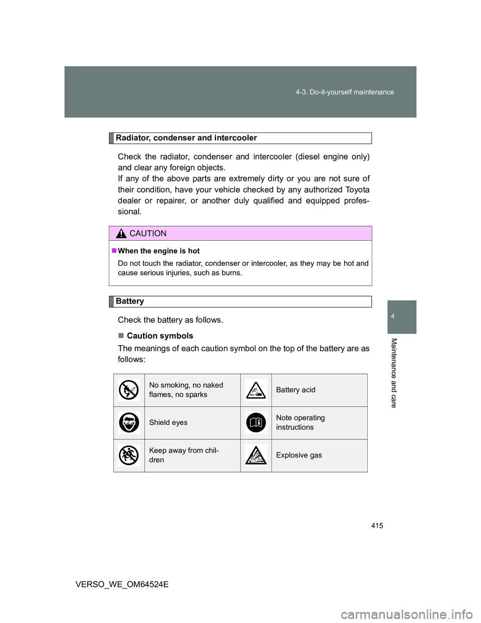 TOYOTA VERSO 2012 Owners Manual 415 4-3. Do-it-yourself maintenance
4
Maintenance and care
VERSO_WE_OM64524E
Radiator, condenser and intercooler
Check the radiator, condenser and intercooler (diesel engine only)
and clear any foreig TOYOTA VERSO 2012 Owners Manual 415 4-3. Do-it-yourself maintenance
4
Maintenance and care
VERSO_WE_OM64524E
Radiator, condenser and intercooler
Check the radiator, condenser and intercooler (diesel engine only)
and clear any foreig