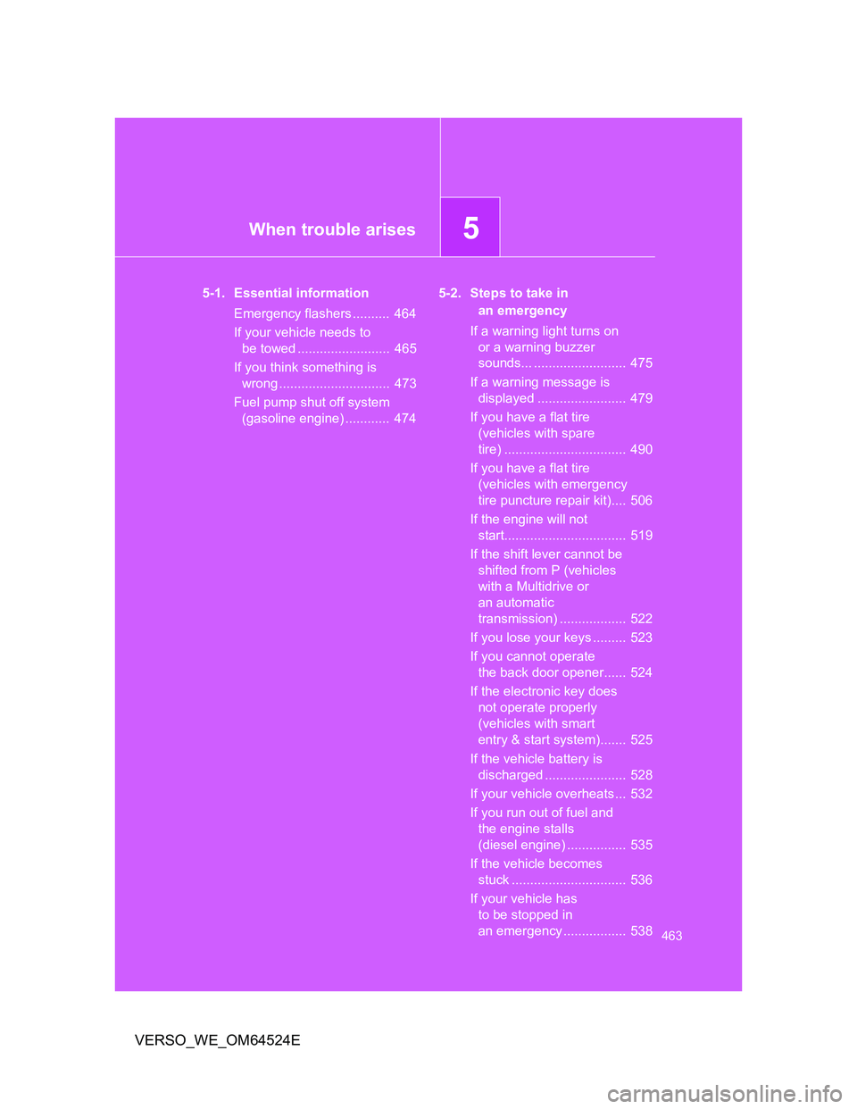 TOYOTA VERSO 2012 Owners Manual 5When trouble arises
463
VERSO_WE_OM64524E
5-1. Essential information
Emergency flashers .......... 464
If your vehicle needs to
be towed ......................... 465
If you think something is
wr TOYOTA VERSO 2012 Owners Manual 5When trouble arises
463
VERSO_WE_OM64524E
5-1. Essential information
Emergency flashers .......... 464
If your vehicle needs to
be towed ......................... 465
If you think something is
wr