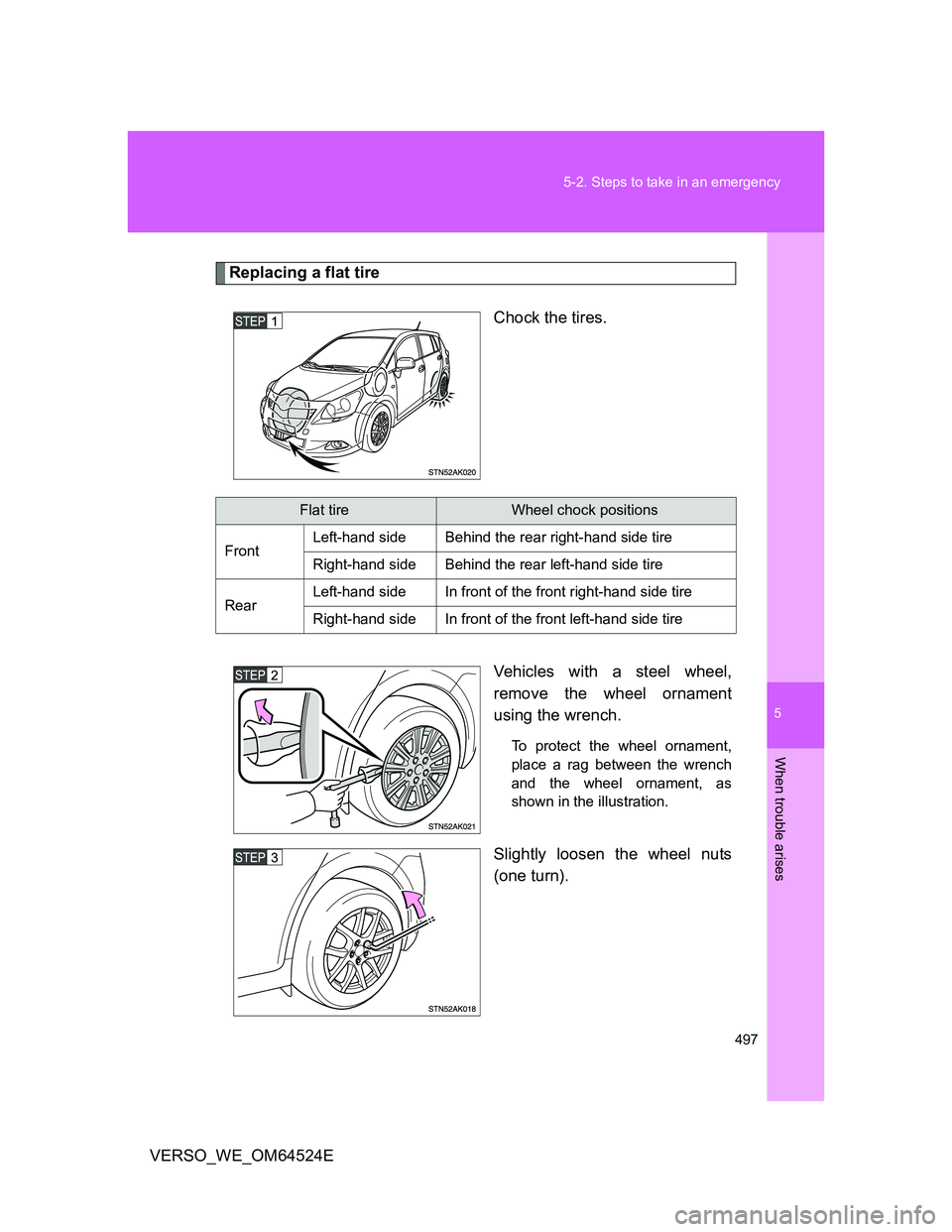 TOYOTA VERSO 2012  Owners Manual 5
497 5-2. Steps to take in an emergency
When trouble arises
VERSO_WE_OM64524E
Replacing a flat tire
Chock the tires.
Vehicles with a steel wheel,
remove the wheel ornament
using the wrench.
To protec