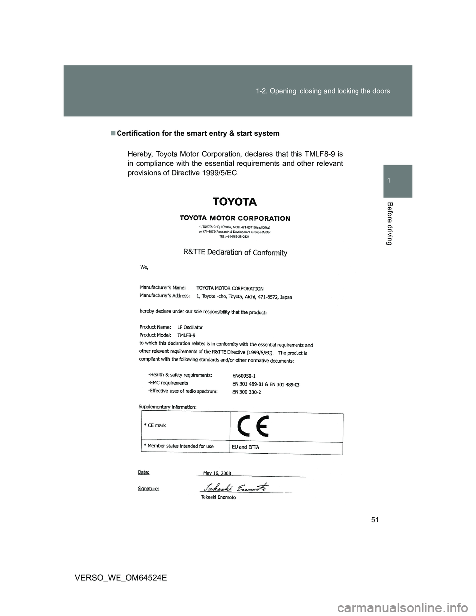 TOYOTA VERSO 2012 Workshop Manual 51 1-2. Opening, closing and locking the doors
1
Before driving
VERSO_WE_OM64524E
Certification for the smart entry & start system
Hereby, Toyota Motor Corporation, declares that this TMLF8-9 is
in
