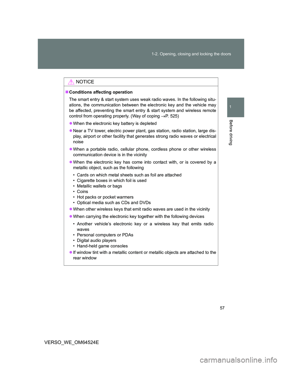 TOYOTA VERSO 2012 Workshop Manual 57 1-2. Opening, closing and locking the doors
1
Before driving
VERSO_WE_OM64524E
NOTICE
Conditions affecting operation
The smart entry & start system uses weak radio waves. In the following situ-
