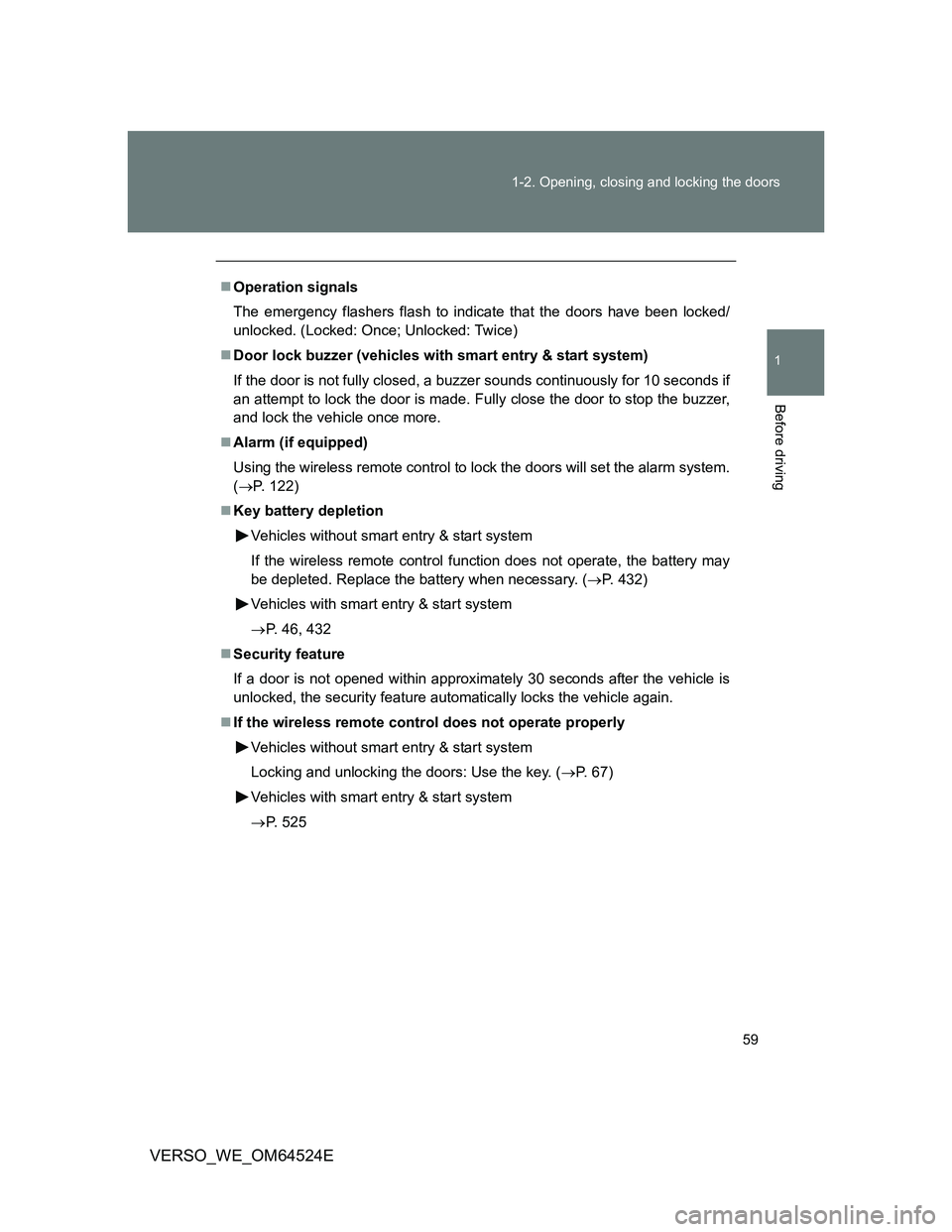 TOYOTA VERSO 2012 Workshop Manual 59 1-2. Opening, closing and locking the doors
1
Before driving
VERSO_WE_OM64524E
Operation signals
The emergency flashers flash to indicate that the doors have been locked/
unlocked. (Locked: Once