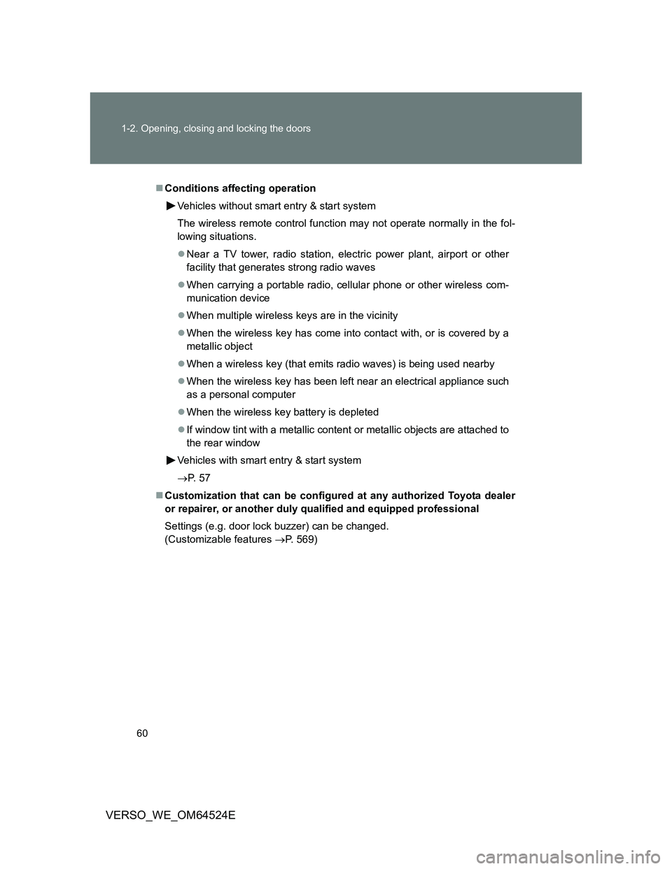 TOYOTA VERSO 2012 Workshop Manual 60 1-2. Opening, closing and locking the doors
VERSO_WE_OM64524E
Conditions affecting operation
Vehicles without smart entry & start system
The wireless remote control function may not operate norm