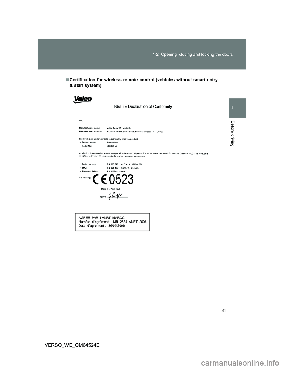 TOYOTA VERSO 2012 Repair Manual 61 1-2. Opening, closing and locking the doors
1
Before driving
VERSO_WE_OM64524E
Certification for wireless remote control (vehicles without smart entry
& start system) 
