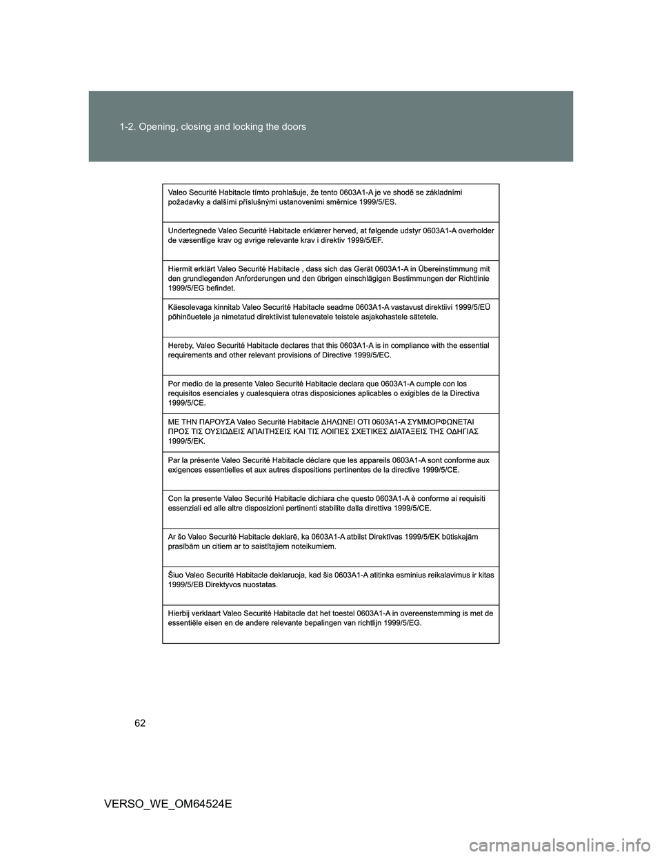 TOYOTA VERSO 2012 Repair Manual 62 1-2. Opening, closing and locking the doors
VERSO_WE_OM64524E 