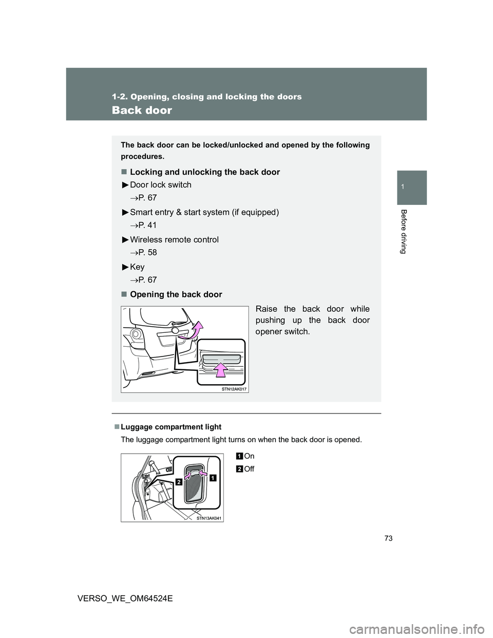 TOYOTA VERSO 2012 Manual PDF 73
1
1-2. Opening, closing and locking the doors
Before driving
VERSO_WE_OM64524E
Back door
Luggage compartment light
The luggage compartment light turns on when the back door is opened.
The back d TOYOTA VERSO 2012 Manual PDF 73
1
1-2. Opening, closing and locking the doors
Before driving
VERSO_WE_OM64524E
Back door
Luggage compartment light
The luggage compartment light turns on when the back door is opened.
The back d