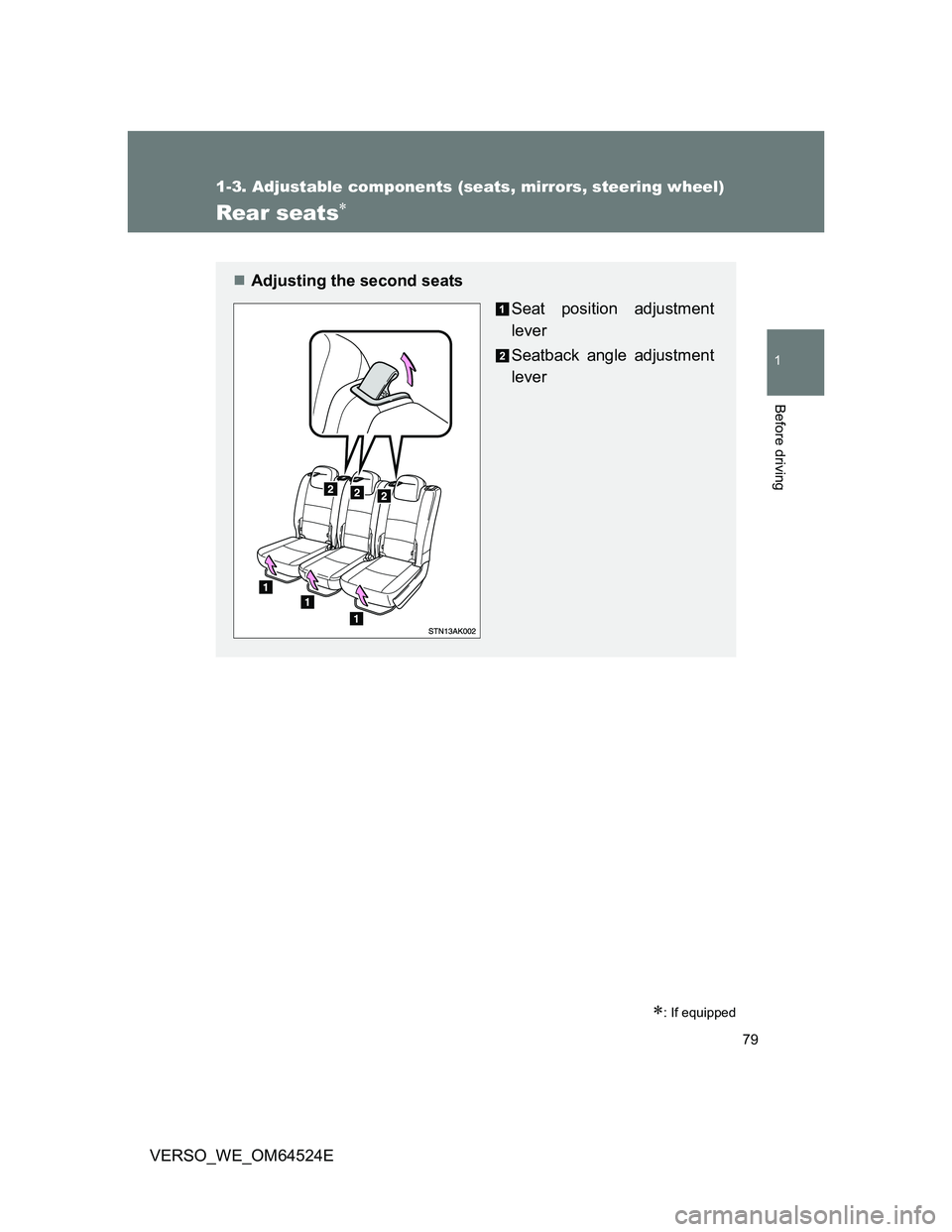 TOYOTA VERSO 2012 Manual PDF 79
1
1-3. Adjustable components (seats, mirrors, steering wheel)
Before driving
VERSO_WE_OM64524E
Rear seats
: If equipped
Adjusting the second seats
Seat position adjustment
lever
Seatback a TOYOTA VERSO 2012 Manual PDF 79
1
1-3. Adjustable components (seats, mirrors, steering wheel)
Before driving
VERSO_WE_OM64524E
Rear seats
: If equipped
Adjusting the second seats
Seat position adjustment
lever
Seatback a