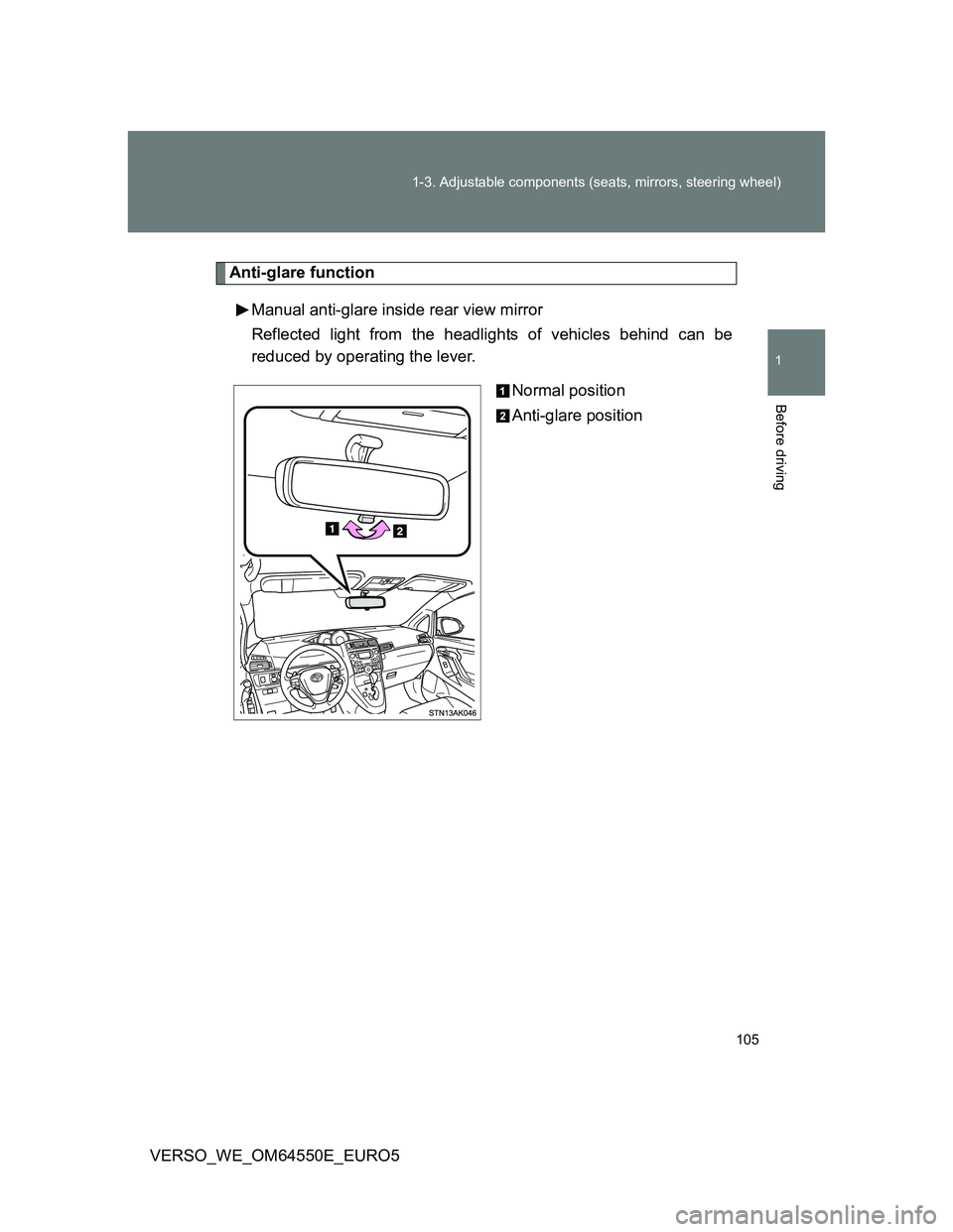 TOYOTA VERSO 2013  Owners Manual 105 1-3. Adjustable components (seats, mirrors, steering wheel)
1
Before driving
VERSO_WE_OM64550E_EURO5
Anti-glare function
Manual anti-glare inside rear view mirror
Reflected light from the headligh