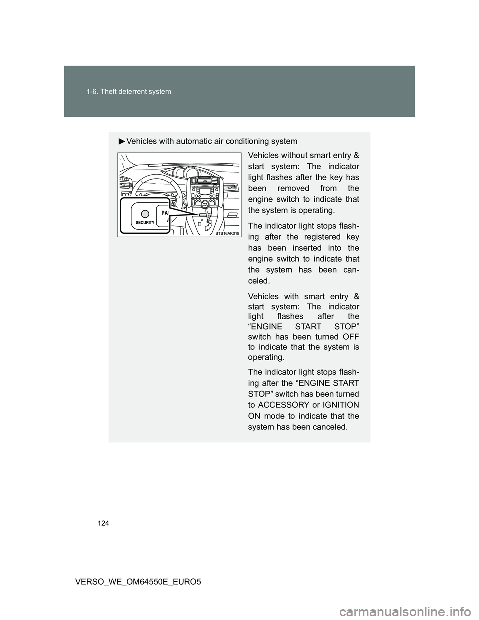 TOYOTA VERSO 2013  Owners Manual 124 1-6. Theft deterrent system
VERSO_WE_OM64550E_EURO5
Vehicles with automatic air conditioning system
Vehicles without smart entry &
start system: The indicator
light flashes after the key has
been 