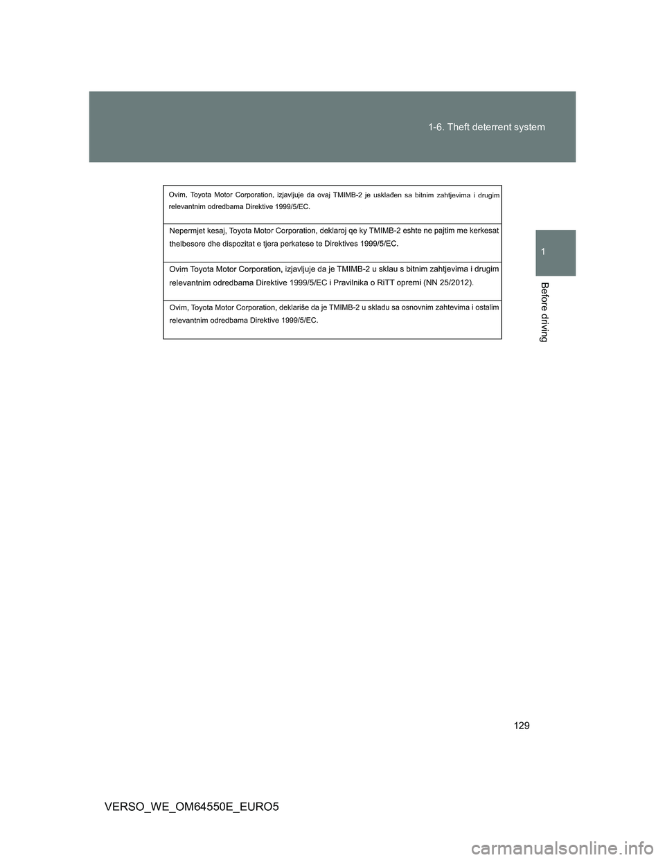 TOYOTA VERSO 2013  Owners Manual 129 1-6. Theft deterrent system
1
Before driving
VERSO_WE_OM64550E_EURO5 