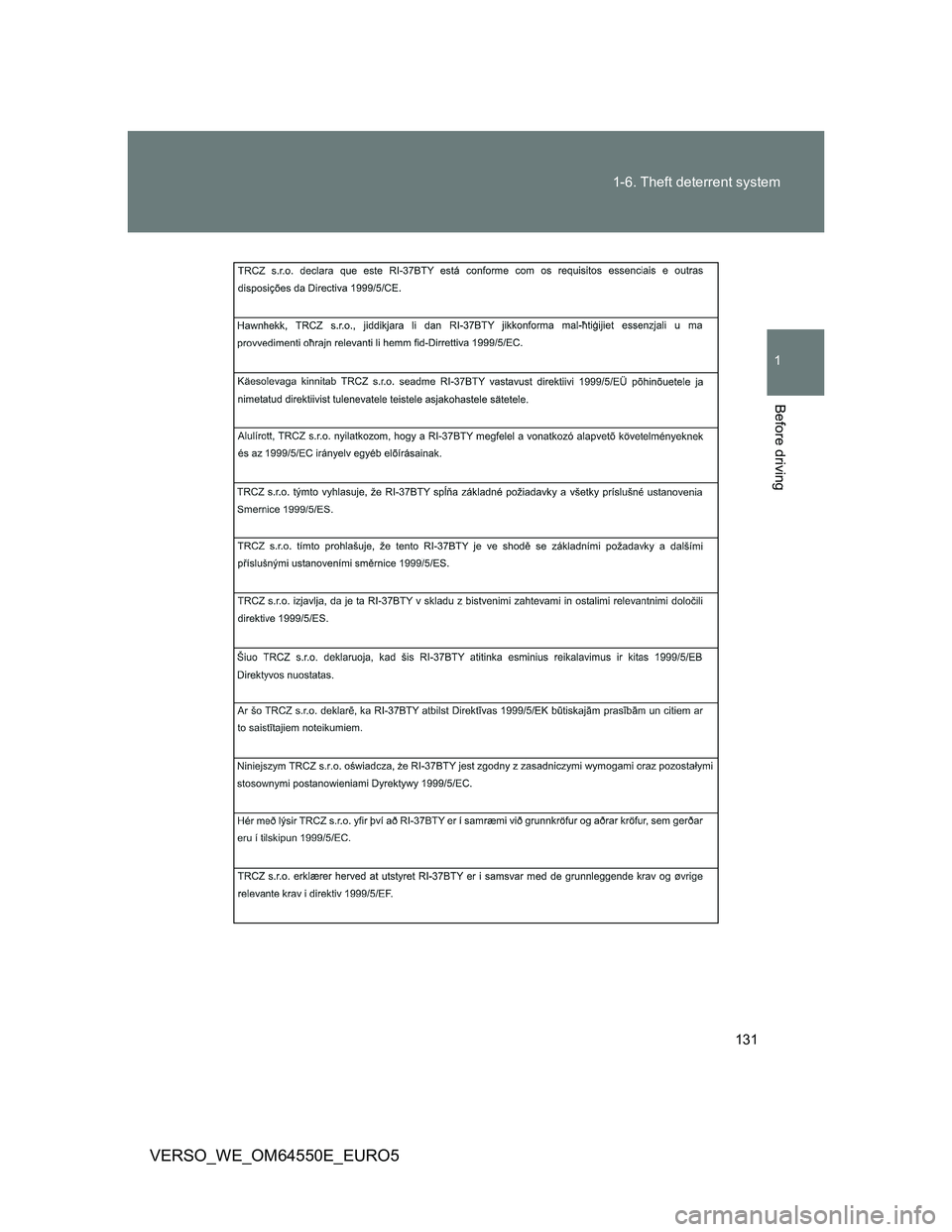 TOYOTA VERSO 2013  Owners Manual 131 1-6. Theft deterrent system
1
Before driving
VERSO_WE_OM64550E_EURO5 