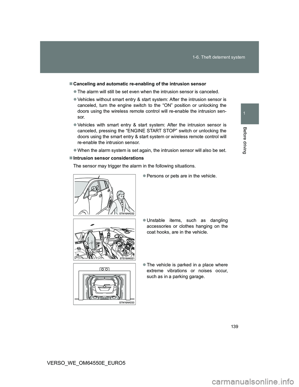 TOYOTA VERSO 2013  Owners Manual 139 1-6. Theft deterrent system
1
Before driving
VERSO_WE_OM64550E_EURO5
Canceling and automatic re-enabling of the intrusion sensor
The alarm will still be set even when the intrusion sensor is