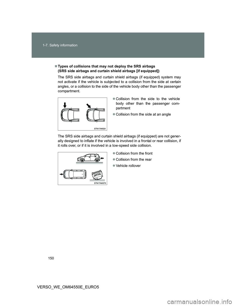 TOYOTA VERSO 2013  Owners Manual 150 1-7. Safety information
VERSO_WE_OM64550E_EURO5
Types of collisions that may not deploy the SRS airbags 
(SRS side airbags and curtain shield airbags [if equipped])
The SRS side airbags and cur