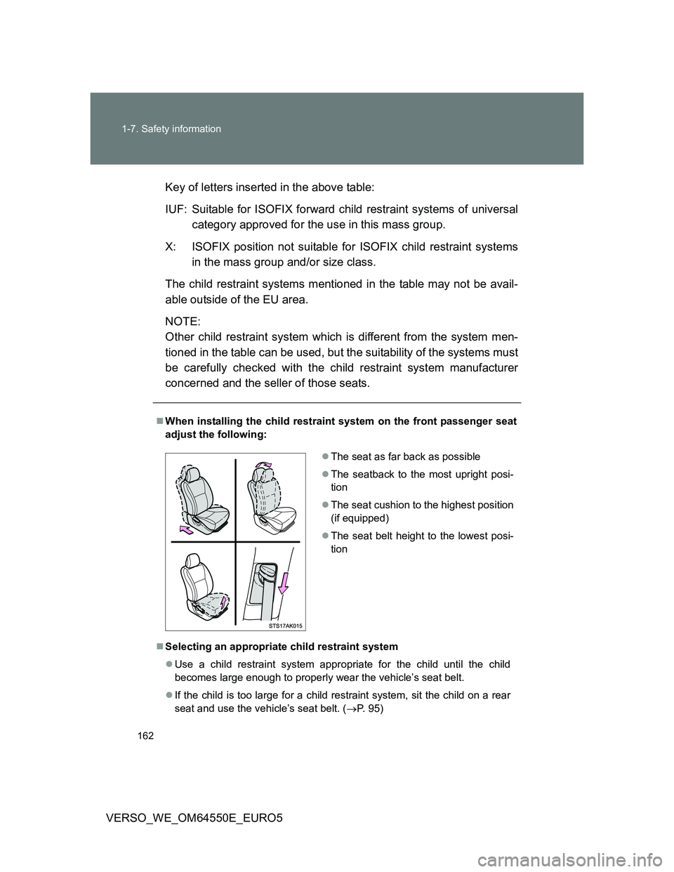 TOYOTA VERSO 2013 Owners Manual 162 1-7. Safety information
VERSO_WE_OM64550E_EURO5Key of letters inserted in the above table:
IUF: Suitable for ISOFIX forward child restraint systems of universal
category approved for the use in th TOYOTA VERSO 2013 Owners Manual 162 1-7. Safety information
VERSO_WE_OM64550E_EURO5Key of letters inserted in the above table:
IUF: Suitable for ISOFIX forward child restraint systems of universal
category approved for the use in th