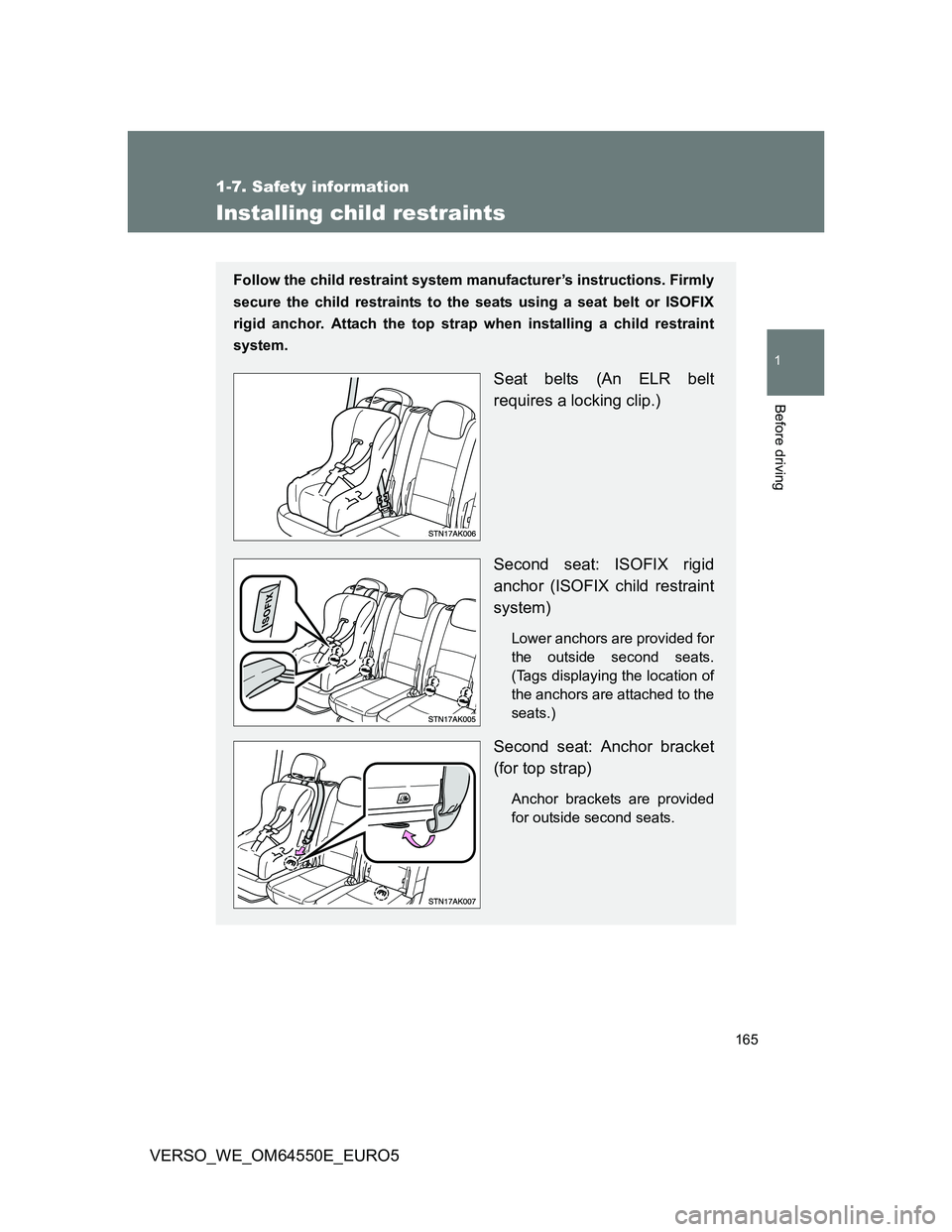 TOYOTA VERSO 2013 Owners Manual 165
1
1-7. Safety information
Before driving
VERSO_WE_OM64550E_EURO5
Installing child restraints
Follow the child restraint system manufacturer’s instructions. Firmly
secure the child restraints to TOYOTA VERSO 2013 Owners Manual 165
1
1-7. Safety information
Before driving
VERSO_WE_OM64550E_EURO5
Installing child restraints
Follow the child restraint system manufacturer’s instructions. Firmly
secure the child restraints to