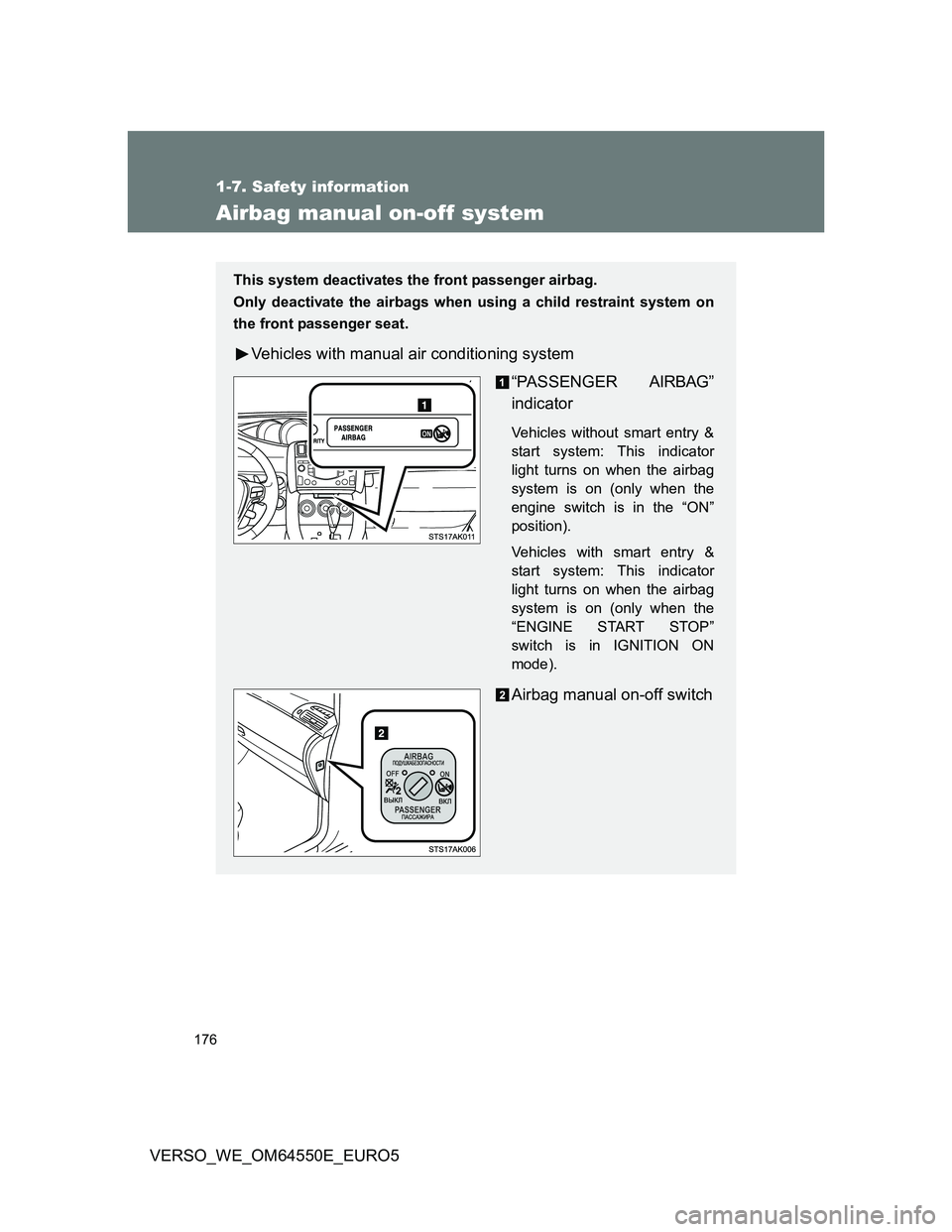 TOYOTA VERSO 2013 Owners Manual 176
1-7. Safety information
VERSO_WE_OM64550E_EURO5
Airbag manual on-off system
This system deactivates the front passenger airbag.
Only deactivate the airbags when using a child restraint system on
t TOYOTA VERSO 2013 Owners Manual 176
1-7. Safety information
VERSO_WE_OM64550E_EURO5
Airbag manual on-off system
This system deactivates the front passenger airbag.
Only deactivate the airbags when using a child restraint system on
t