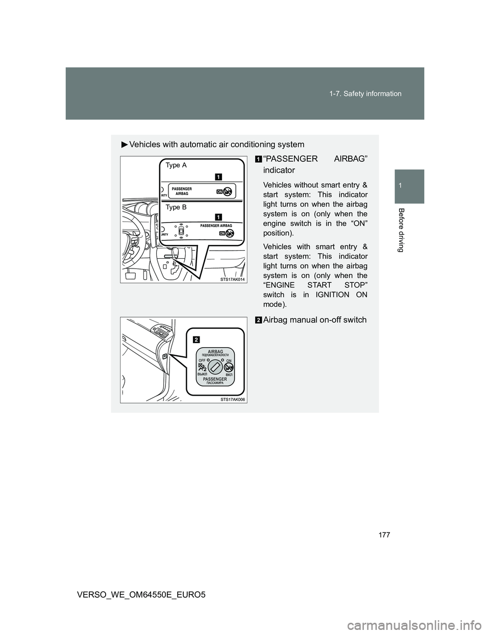 TOYOTA VERSO 2013 Owners Manual 177 1-7. Safety information
1
Before driving
VERSO_WE_OM64550E_EURO5
Vehicles with automatic air conditioning system
“PASSENGER AIRBAG”
indicator
Vehicles without smart entry &
start system: This TOYOTA VERSO 2013 Owners Manual 177 1-7. Safety information
1
Before driving
VERSO_WE_OM64550E_EURO5
Vehicles with automatic air conditioning system
“PASSENGER AIRBAG”
indicator
Vehicles without smart entry &
start system: This