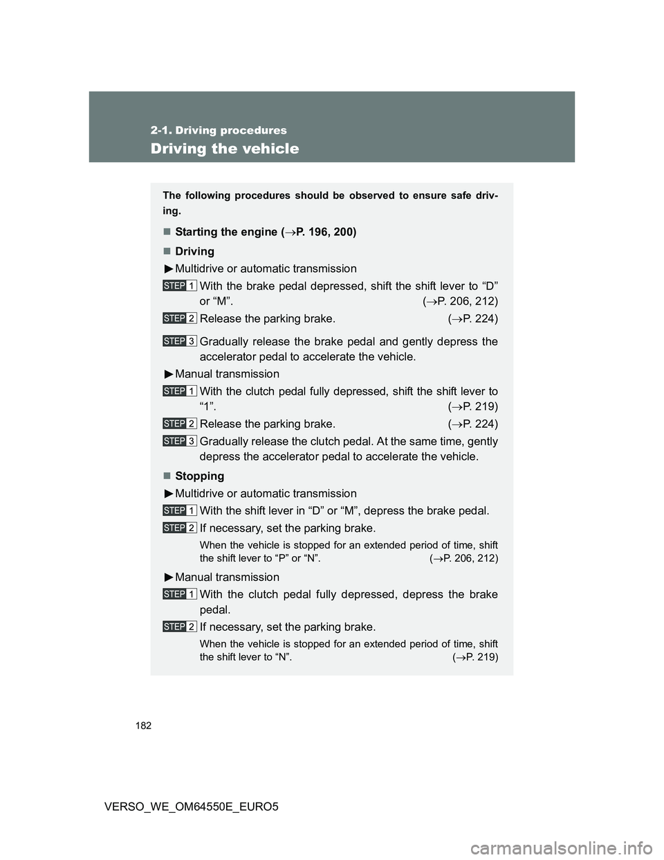 TOYOTA VERSO 2013  Owners Manual 182
VERSO_WE_OM64550E_EURO5
2-1. Driving procedures
Driving the vehicle
The following procedures should be observed to ensure safe driv-
ing.
Starting the engine (P. 196, 200)
Driving
Multidr