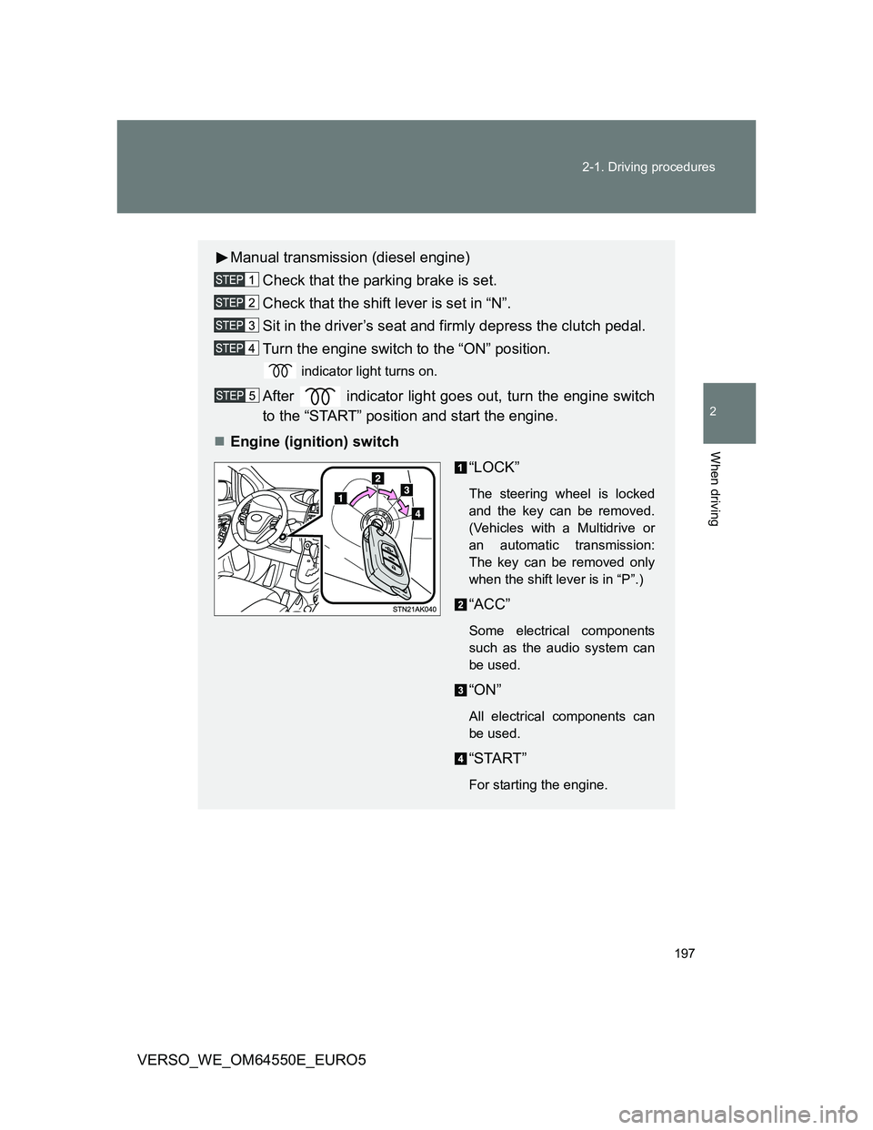 TOYOTA VERSO 2013 Owners Manual 197 2-1. Driving procedures
2
When driving
VERSO_WE_OM64550E_EURO5
Manual transmission (diesel engine)
Check that the parking brake is set.
Check that the shift lever is set in “N”.
Sit in the dri TOYOTA VERSO 2013 Owners Manual 197 2-1. Driving procedures
2
When driving
VERSO_WE_OM64550E_EURO5
Manual transmission (diesel engine)
Check that the parking brake is set.
Check that the shift lever is set in “N”.
Sit in the dri