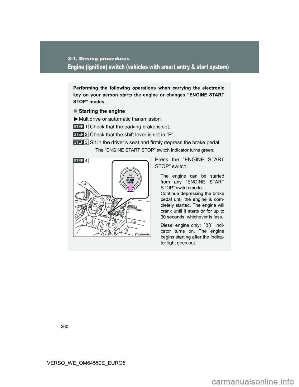 TOYOTA VERSO 2013 Owners Manual 200
2-1. Driving procedures
VERSO_WE_OM64550E_EURO5
Engine (ignition) switch (vehicles with smar t entr y & star t system)
Performing the following operations when carrying the electronic
key on your TOYOTA VERSO 2013 Owners Manual 200
2-1. Driving procedures
VERSO_WE_OM64550E_EURO5
Engine (ignition) switch (vehicles with smar t entr y & star t system)
Performing the following operations when carrying the electronic
key on your