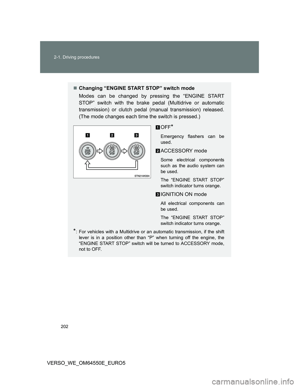 TOYOTA VERSO 2013  Owners Manual 202 2-1. Driving procedures
VERSO_WE_OM64550E_EURO5
Changing “ENGINE START STOP” switch mode
Modes can be changed by pressing the “ENGINE START
STOP” switch with the brake pedal (Multidrive