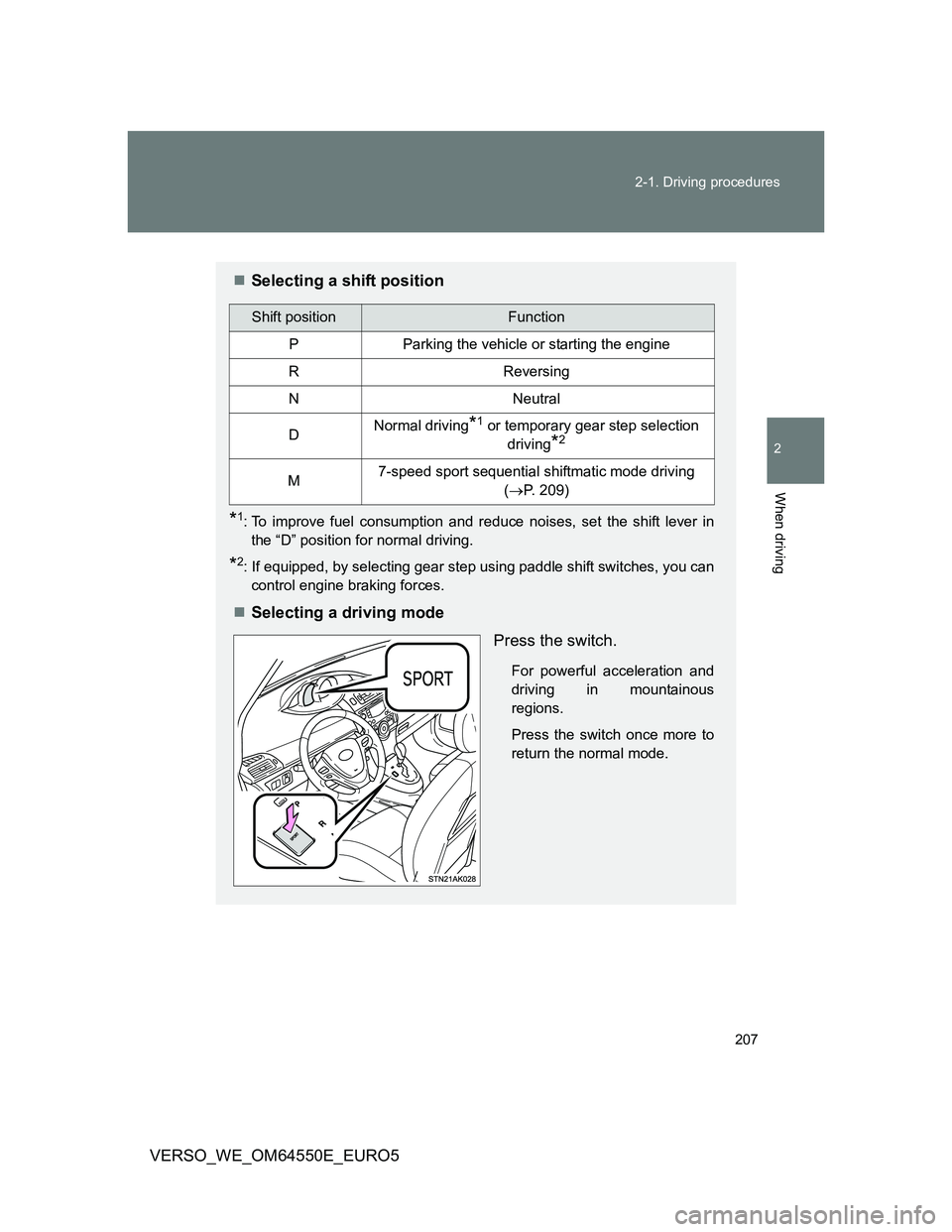 TOYOTA VERSO 2013  Owners Manual 207 2-1. Driving procedures
2
When driving
VERSO_WE_OM64550E_EURO5
Selecting a shift position
*1: To improve fuel consumption and reduce noises, set the shift lever in
the “D” position for norm