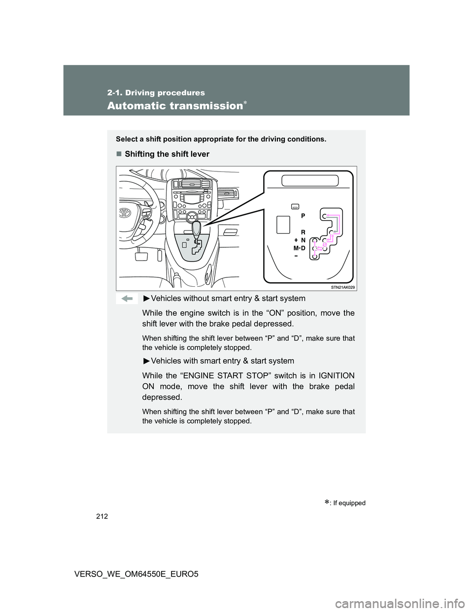 TOYOTA VERSO 2013  Owners Manual 212
2-1. Driving procedures
VERSO_WE_OM64550E_EURO5
Automatic transmission
: If equipped
Select a shift position appropriate for the driving conditions.
Shifting the shift lever
Vehicles with