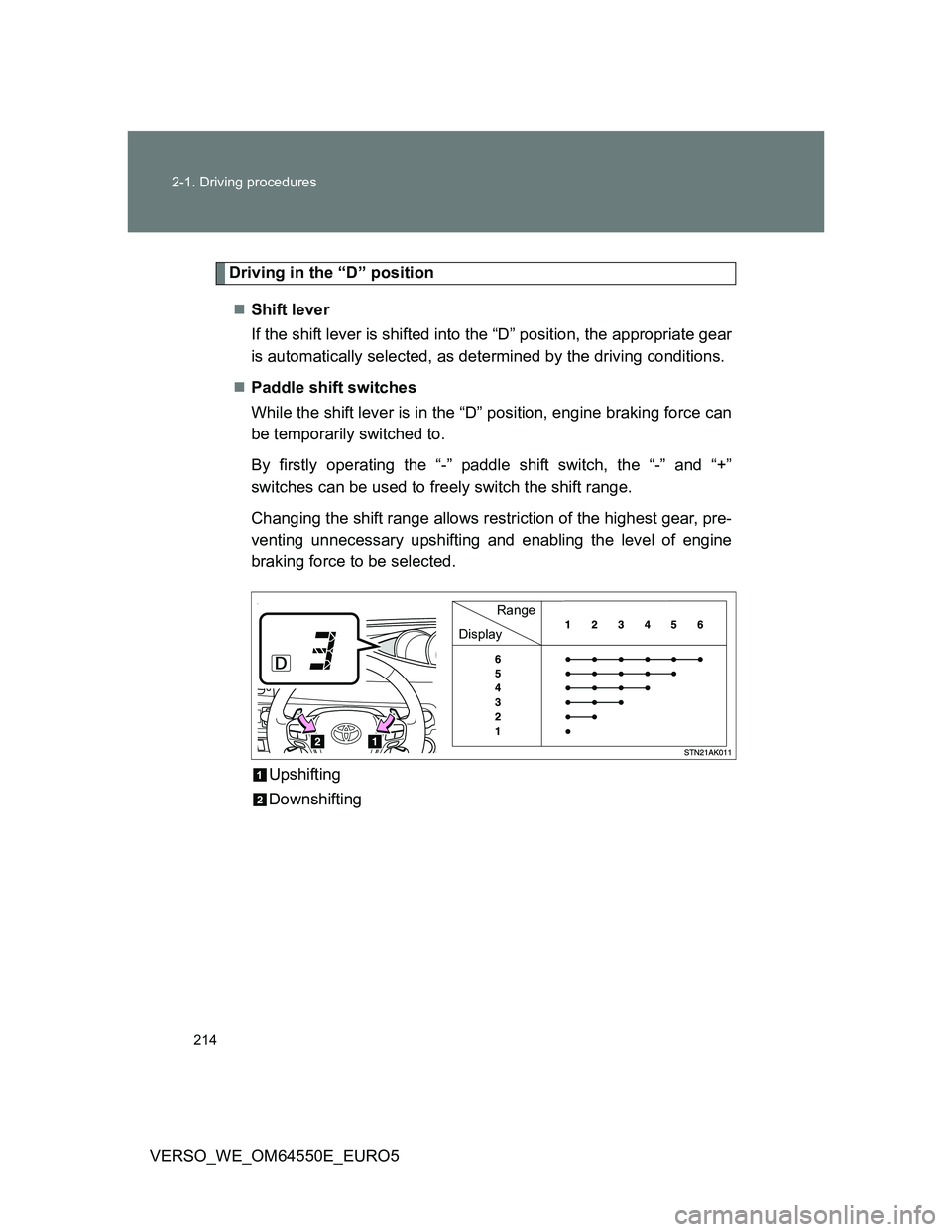 TOYOTA VERSO 2013  Owners Manual 214 2-1. Driving procedures
VERSO_WE_OM64550E_EURO5
Driving in the “D” position
Shift lever 
If the shift lever is shifted into the “D” position, the appropriate gear
is automatically selec