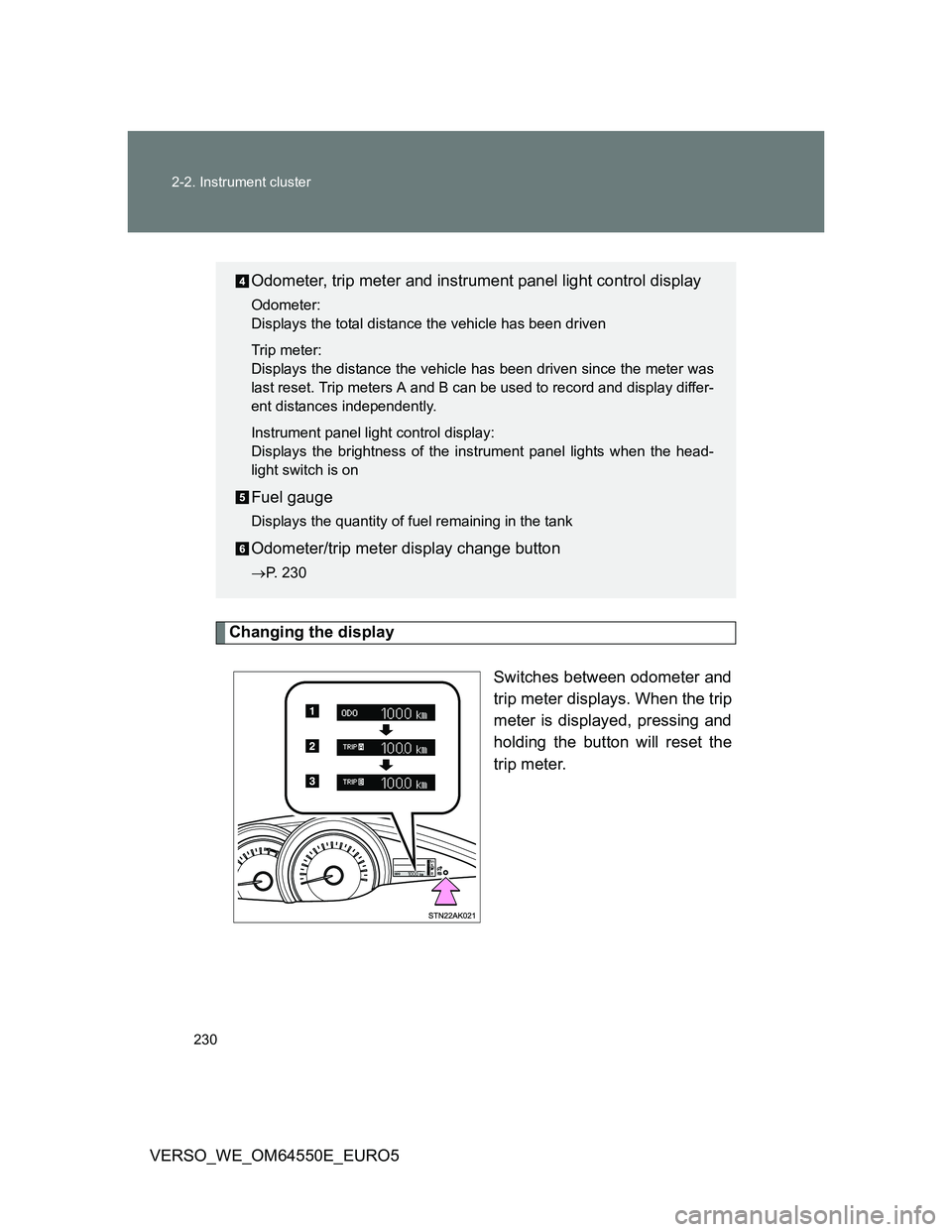 TOYOTA VERSO 2013  Owners Manual 230 2-2. Instrument cluster
VERSO_WE_OM64550E_EURO5
Changing the display
Switches between odometer and
trip meter displays. When the trip
meter is displayed, pressing and
holding the button will reset