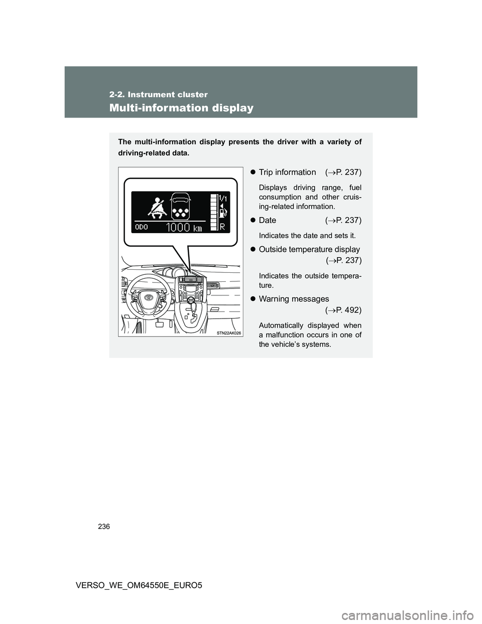 TOYOTA VERSO 2013  Owners Manual 236
2-2. Instrument cluster
VERSO_WE_OM64550E_EURO5
Multi-infor mation display
The multi-information display presents the driver with a variety of
driving-related data.
Trip information (P. 237)