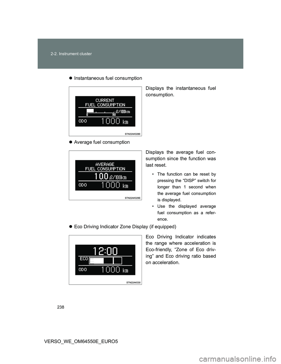 TOYOTA VERSO 2013  Owners Manual 238 2-2. Instrument cluster
VERSO_WE_OM64550E_EURO5Instantaneous fuel consumption
Displays the instantaneous fuel
consumption. 
Average fuel consumption
Displays the average fuel con-
sumption s