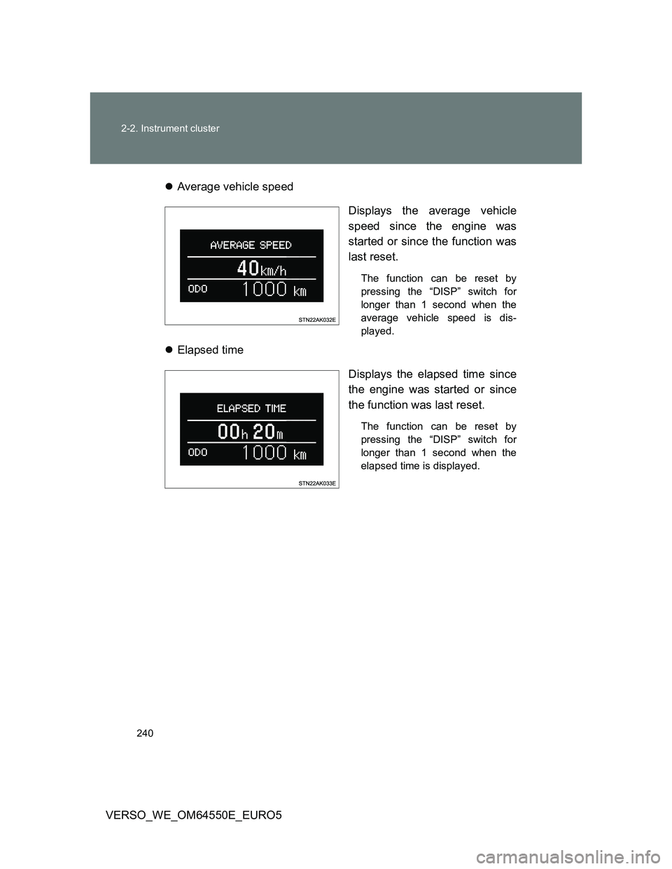 TOYOTA VERSO 2013  Owners Manual 240 2-2. Instrument cluster
VERSO_WE_OM64550E_EURO5Average vehicle speed
Displays the average vehicle
speed since the engine was
started or since the function was
last reset.
The function can be re