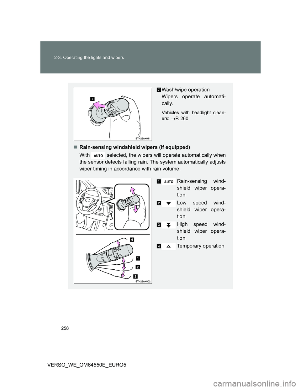 TOYOTA VERSO 2013  Owners Manual 258 2-3. Operating the lights and wipers
VERSO_WE_OM64550E_EURO5
Wash/wipe operation 
Wipers operate automati-
cally.
Vehicles with headlight clean-
ers: P. 260
Rain-sensing windshield wipers (i