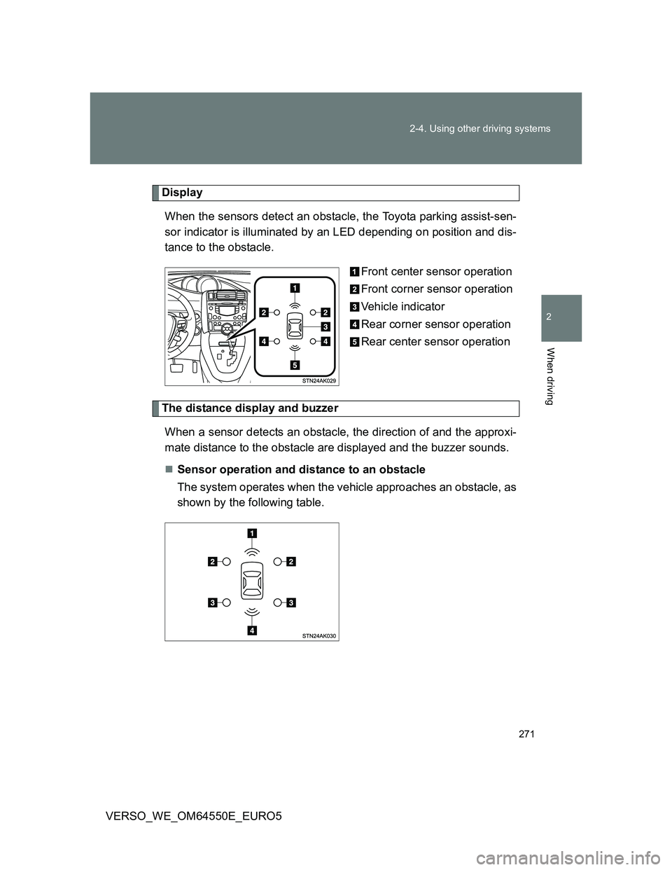 TOYOTA VERSO 2013 Owners Manual 271 2-4. Using other driving systems
2
When driving
VERSO_WE_OM64550E_EURO5
Display
When the sensors detect an obstacle, the Toyota parking assist-sen-
sor indicator is illuminated by an LED depending TOYOTA VERSO 2013 Owners Manual 271 2-4. Using other driving systems
2
When driving
VERSO_WE_OM64550E_EURO5
Display
When the sensors detect an obstacle, the Toyota parking assist-sen-
sor indicator is illuminated by an LED depending