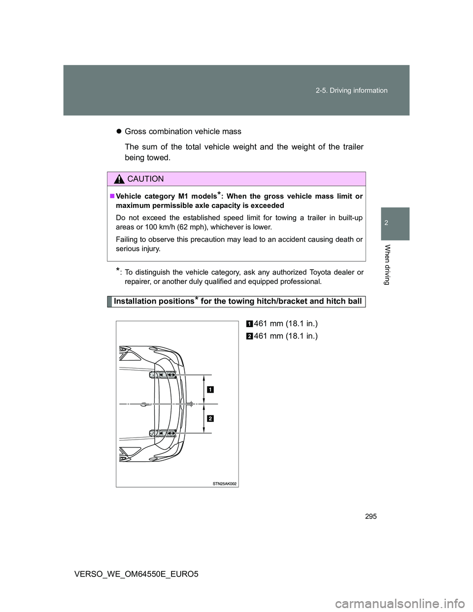 TOYOTA VERSO 2013  Owners Manual 295 2-5. Driving information
2
When driving
VERSO_WE_OM64550E_EURO5Gross combination vehicle mass
The sum of the total vehicle weight and the weight of the trailer
being towed.
*: To distinguish th