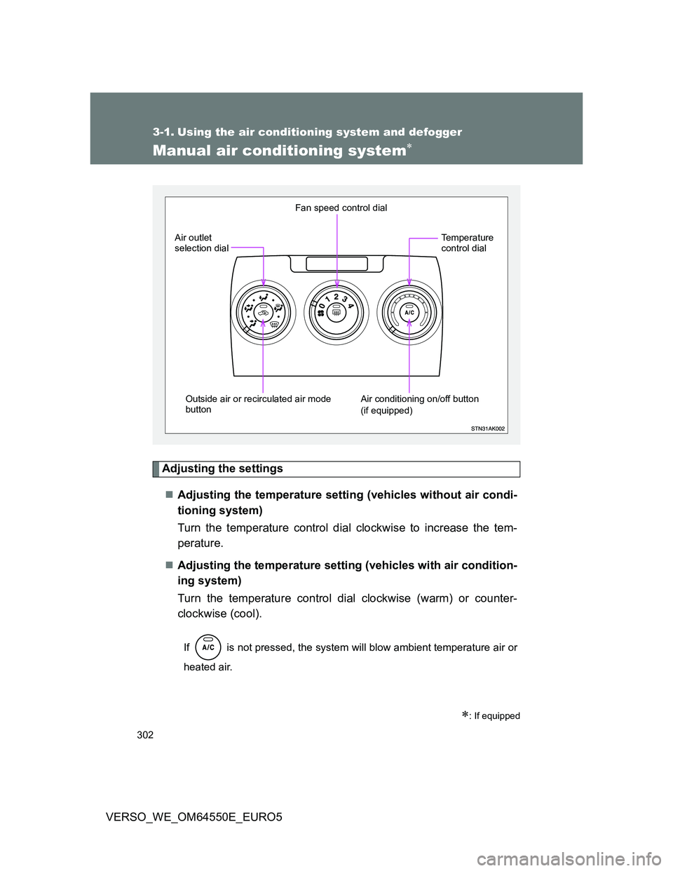 TOYOTA VERSO 2013 Owners Manual 302
VERSO_WE_OM64550E_EURO5
3-1. Using the air conditioning system and defogger
Manual air conditioning system
Adjusting the settings
Adjusting the temperature setting (vehicles without air cond TOYOTA VERSO 2013 Owners Manual 302
VERSO_WE_OM64550E_EURO5
3-1. Using the air conditioning system and defogger
Manual air conditioning system
Adjusting the settings
Adjusting the temperature setting (vehicles without air cond