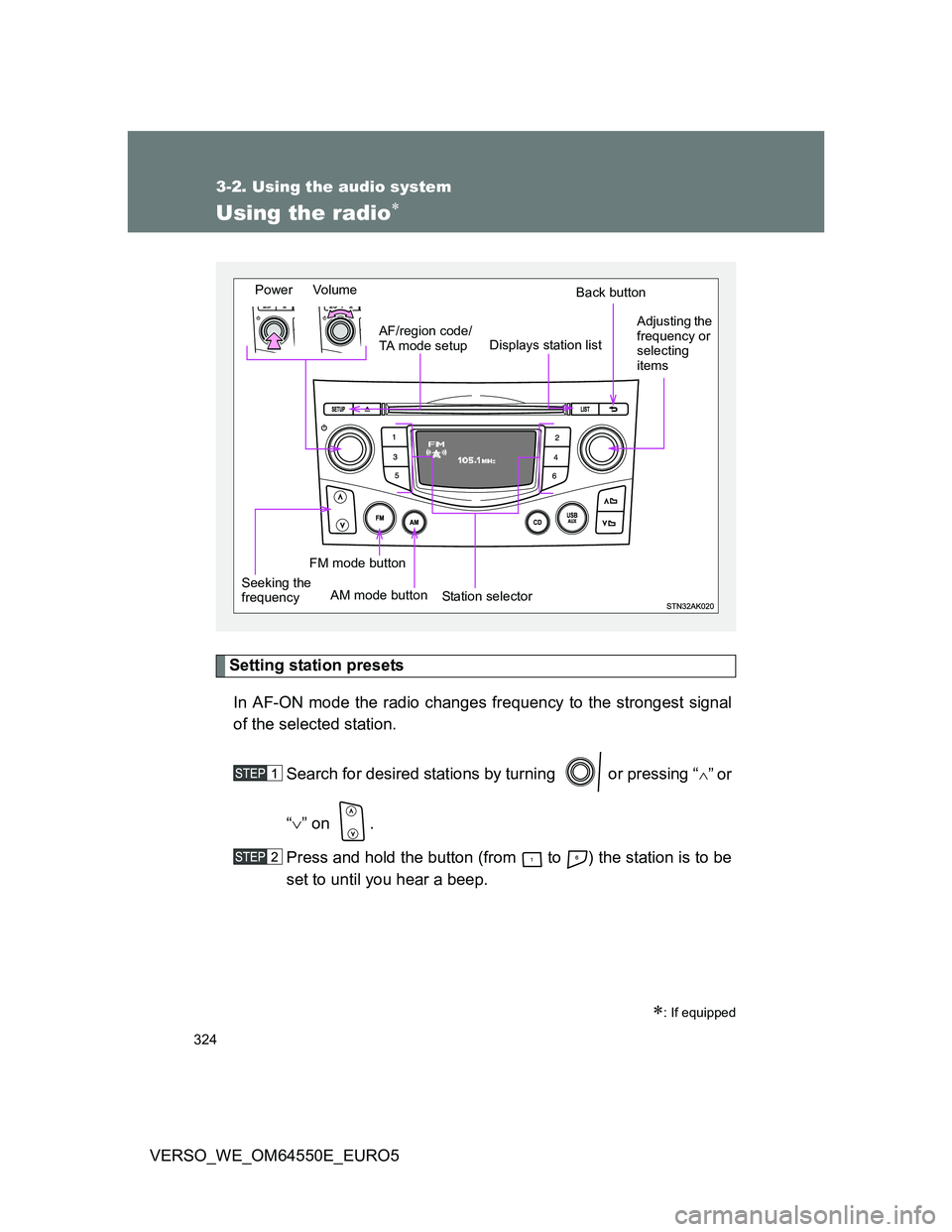 TOYOTA VERSO 2013  Owners Manual 324
3-2. Using the audio system
VERSO_WE_OM64550E_EURO5
Using the radio
Setting station presets
In AF-ON mode the radio changes frequency to the strongest signal
of the selected station.
Search for