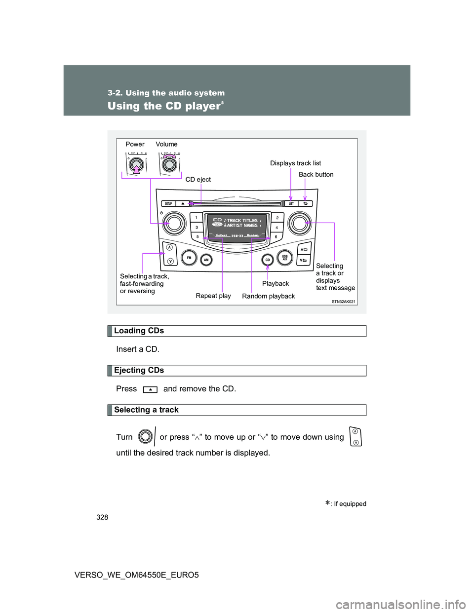TOYOTA VERSO 2013  Owners Manual 328
3-2. Using the audio system
VERSO_WE_OM64550E_EURO5
Using the CD player
Loading CDs
Insert a CD.
Ejecting CDs
Press   and remove the CD.
Selecting a track
Turn   or press “
” to move up 
