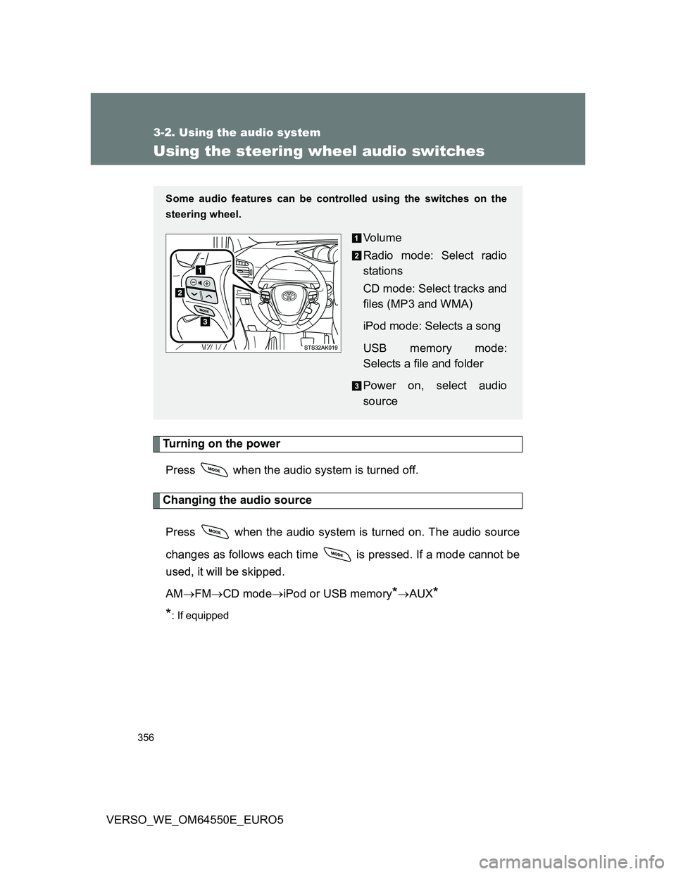 TOYOTA VERSO 2013  Owners Manual 356
3-2. Using the audio system
VERSO_WE_OM64550E_EURO5
Using the steering wheel audio switches
Turning on the power
Press   when the audio system is turned off.
Changing the audio source
Press   when