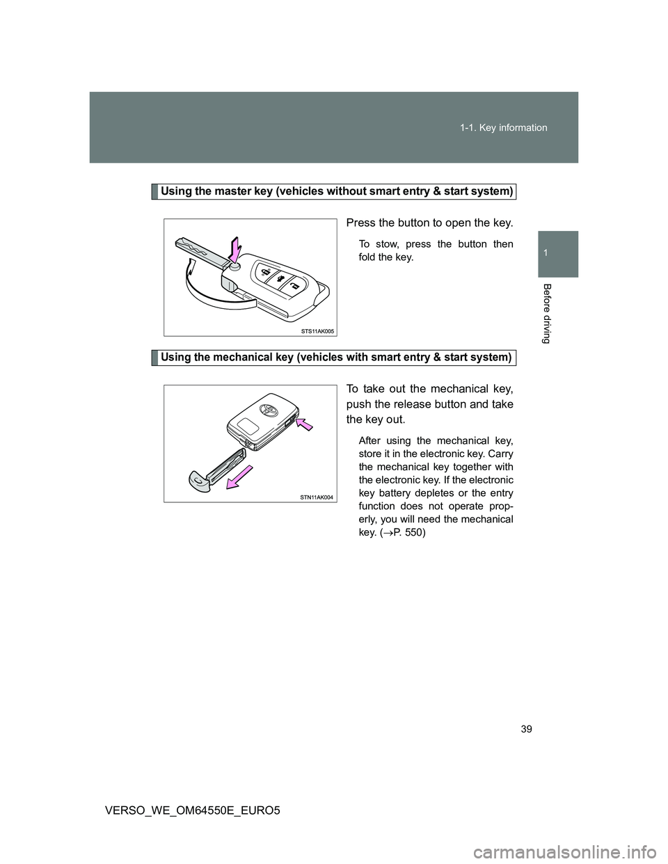 TOYOTA VERSO 2013 Owners Guide 39 1-1. Key information
1
Before driving
VERSO_WE_OM64550E_EURO5
Using the master key (vehicles without smart entry & start system)
Press the button to open the key.
To stow, press the button then
fol TOYOTA VERSO 2013 Owners Guide 39 1-1. Key information
1
Before driving
VERSO_WE_OM64550E_EURO5
Using the master key (vehicles without smart entry & start system)
Press the button to open the key.
To stow, press the button then
fol