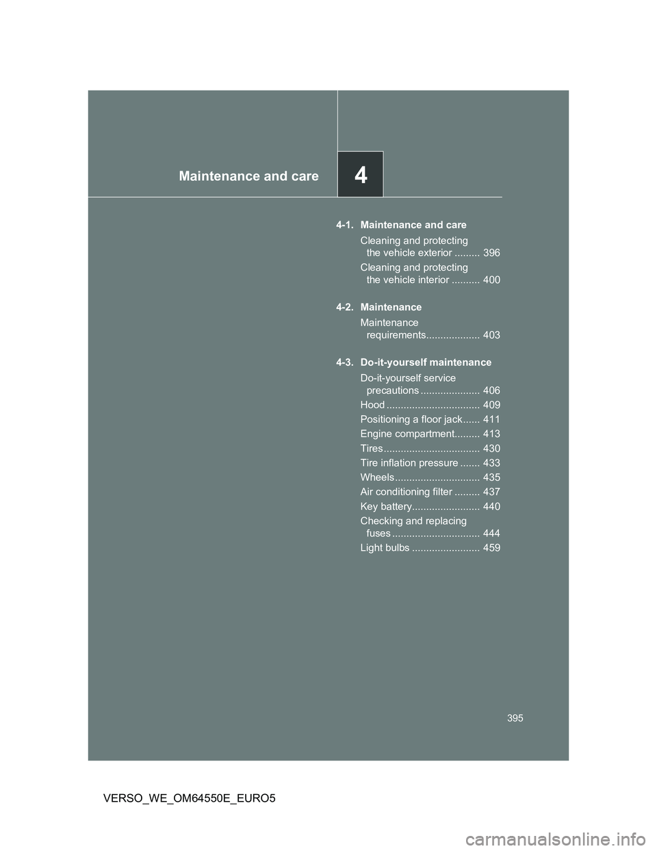 TOYOTA VERSO 2013  Owners Manual 4Maintenance and care
395
VERSO_WE_OM64550E_EURO5
4-1. Maintenance and care
Cleaning and protecting 
the vehicle exterior .........  396
Cleaning and protecting 
the vehicle interior ..........  400
4