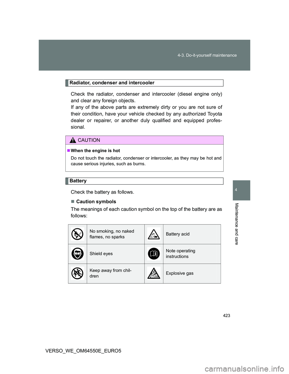 TOYOTA VERSO 2013 Owners Manual 423 4-3. Do-it-yourself maintenance
4
Maintenance and care
VERSO_WE_OM64550E_EURO5
Radiator, condenser and intercooler
Check the radiator, condenser and intercooler (diesel engine only)
and clear any TOYOTA VERSO 2013 Owners Manual 423 4-3. Do-it-yourself maintenance
4
Maintenance and care
VERSO_WE_OM64550E_EURO5
Radiator, condenser and intercooler
Check the radiator, condenser and intercooler (diesel engine only)
and clear any