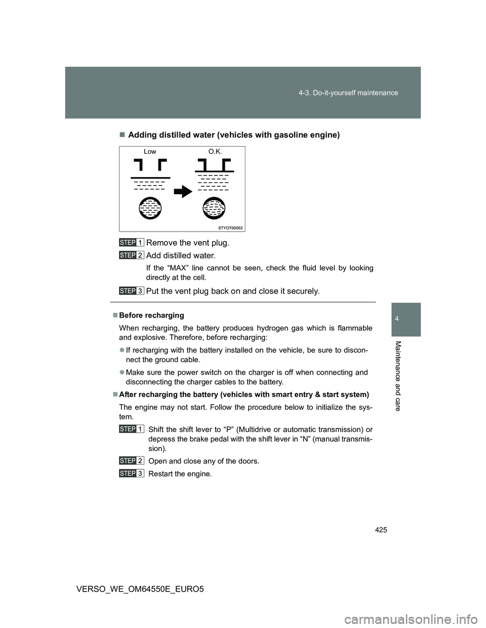 TOYOTA VERSO 2013 Owners Manual 425 4-3. Do-it-yourself maintenance
4
Maintenance and care
VERSO_WE_OM64550E_EURO5Adding distilled water (vehicles with gasoline engine)
Remove the vent plug.
Add distilled water.
If the “MAX” TOYOTA VERSO 2013 Owners Manual 425 4-3. Do-it-yourself maintenance
4
Maintenance and care
VERSO_WE_OM64550E_EURO5Adding distilled water (vehicles with gasoline engine)
Remove the vent plug.
Add distilled water.
If the “MAX”